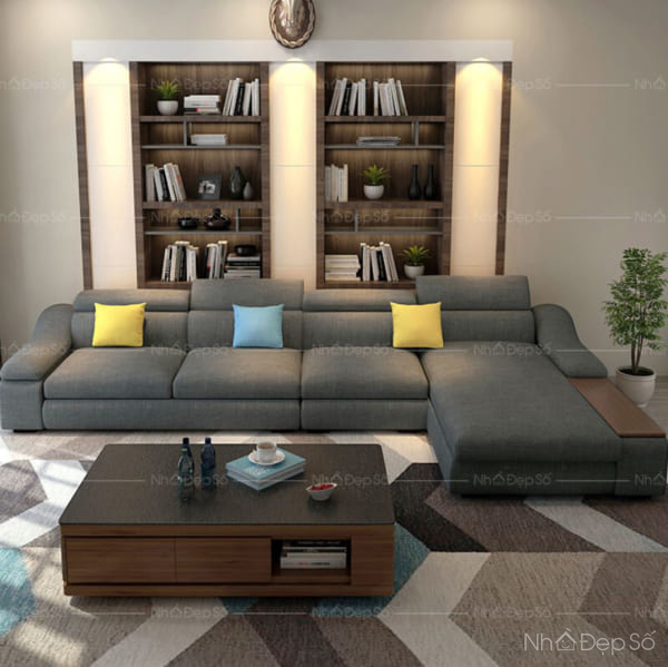 Không gian nội thất phòng khách với bộ sofa ghép cỡ lớn.